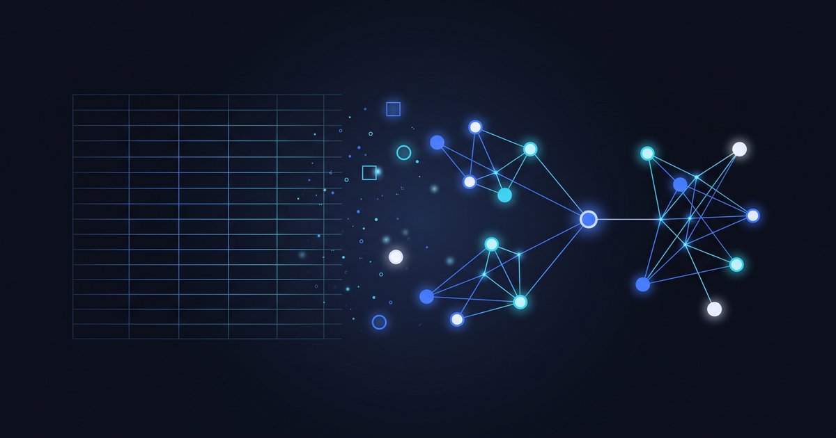 A spreadsheet grid on the left turning into a connected graph of entities on the right
