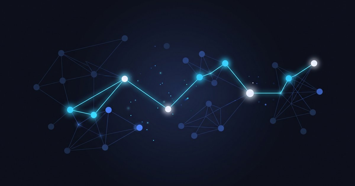 Abstract network of glowing nodes and links on a dark background, one path highlighted